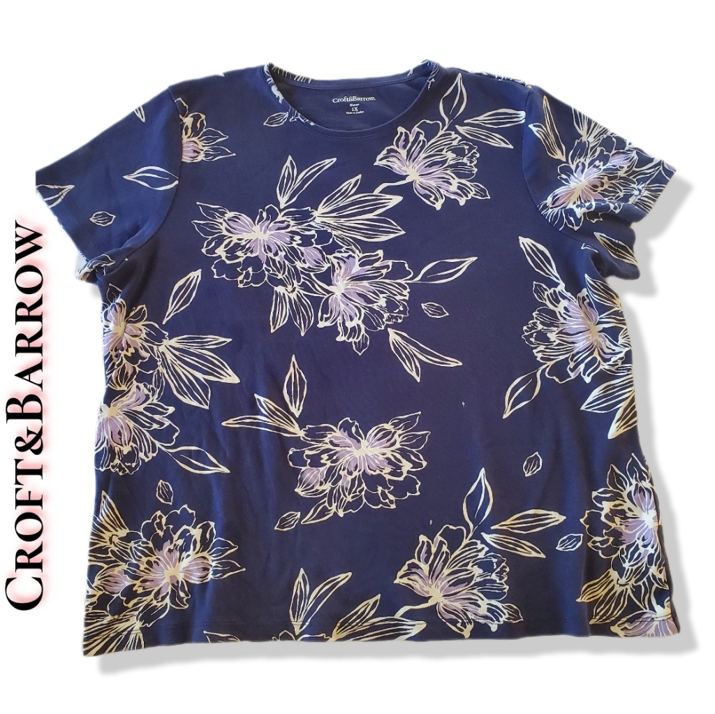 Croft & Barrow Womens Blue Floral Business Casual Blouse Top Shirt Size Xl
